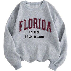 ⚡Women Grey Florida Imported Graphic Crewneck Long Sleeve Pullover Sweatshirt